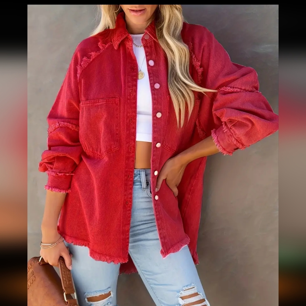 Women's Frayed Hem denim Jacket/ Red - Picture 2 of 4